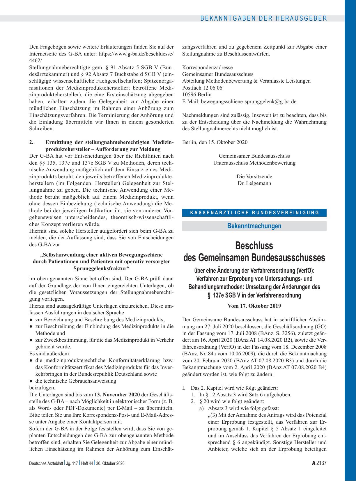 Vorschauseite 1: Beschluss des Gemeinsamen Bundesausschusses über eine Änderung der Verfahrensordnung (VerfO): Verfahren zur Erprobung von Untersuchungsund Behandlungsmethoden, Umsetzung der Änder…