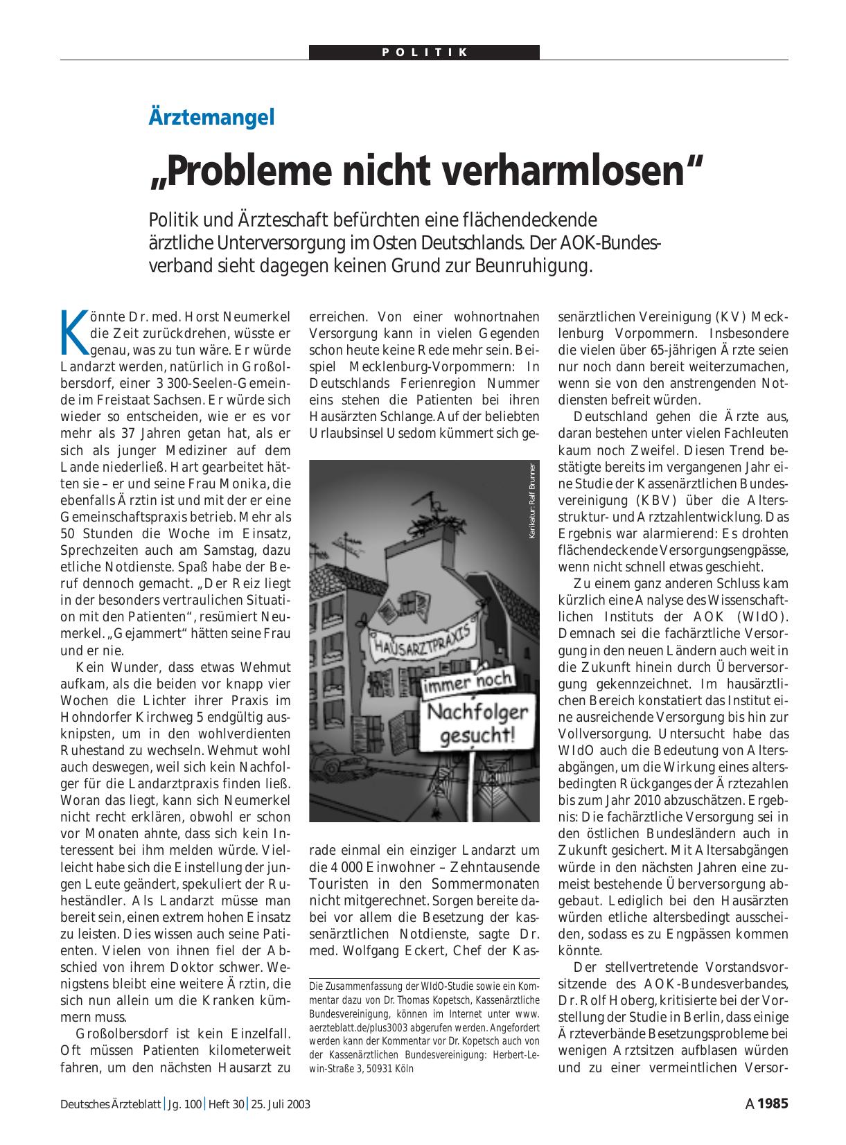 Vorschauseite 1: Ärztemangel: „Probleme nicht verharmlosen“