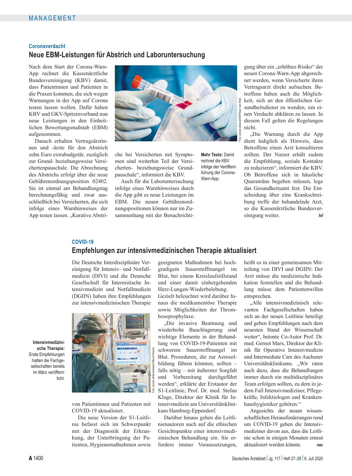 Vorschauseite 1: Coronaverdacht: Neue EBM-Leistungen für Abstrich und Laboruntersuchung