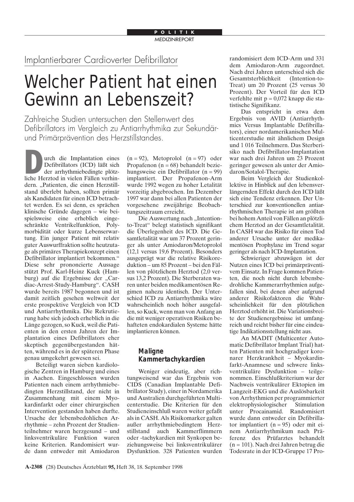 Vorschauseite 1: Implantierbarer Cardioverter Defibrillator: Welcher Patient hat einen Gewinn an Lebenszeit?