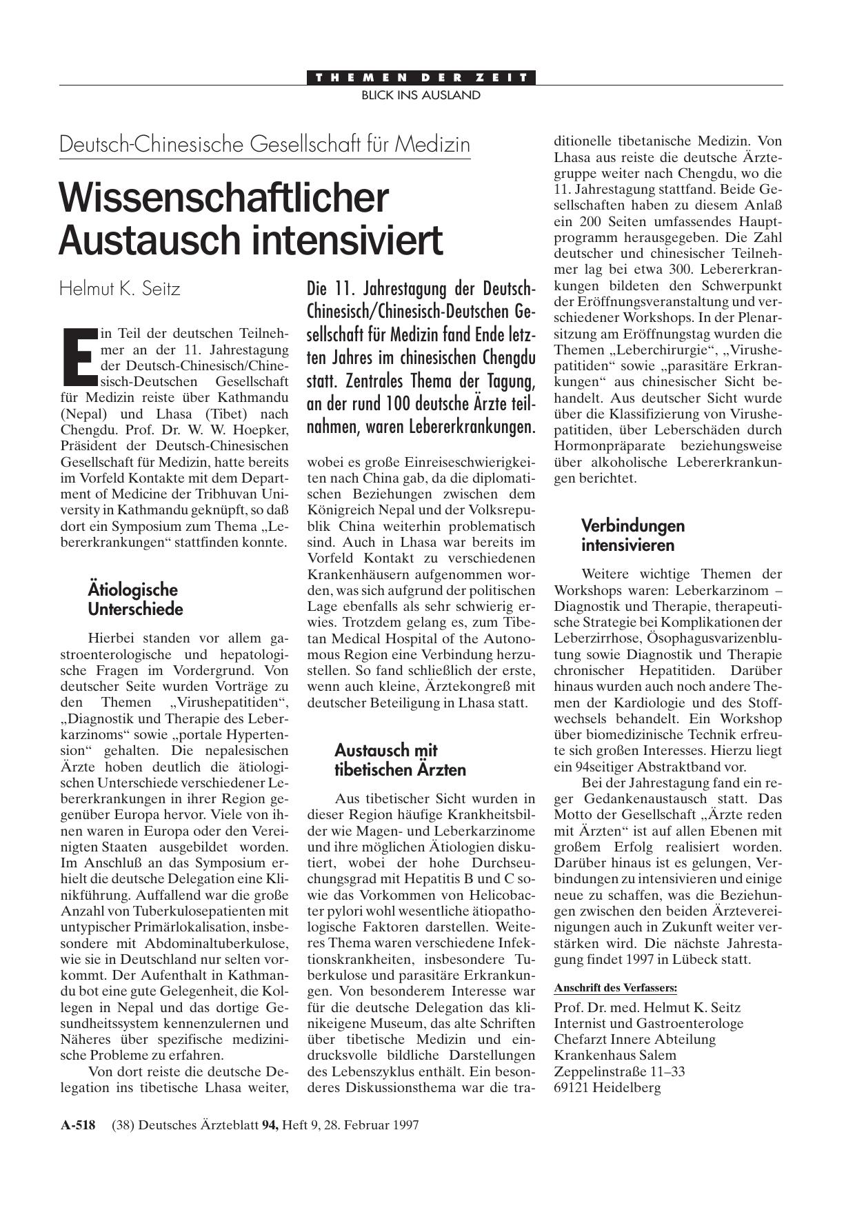 Vorschauseite 1: Deutsch-Chinesische Gesellschaft für Medizin: Wissenschaftlicher Austausch intensiviert