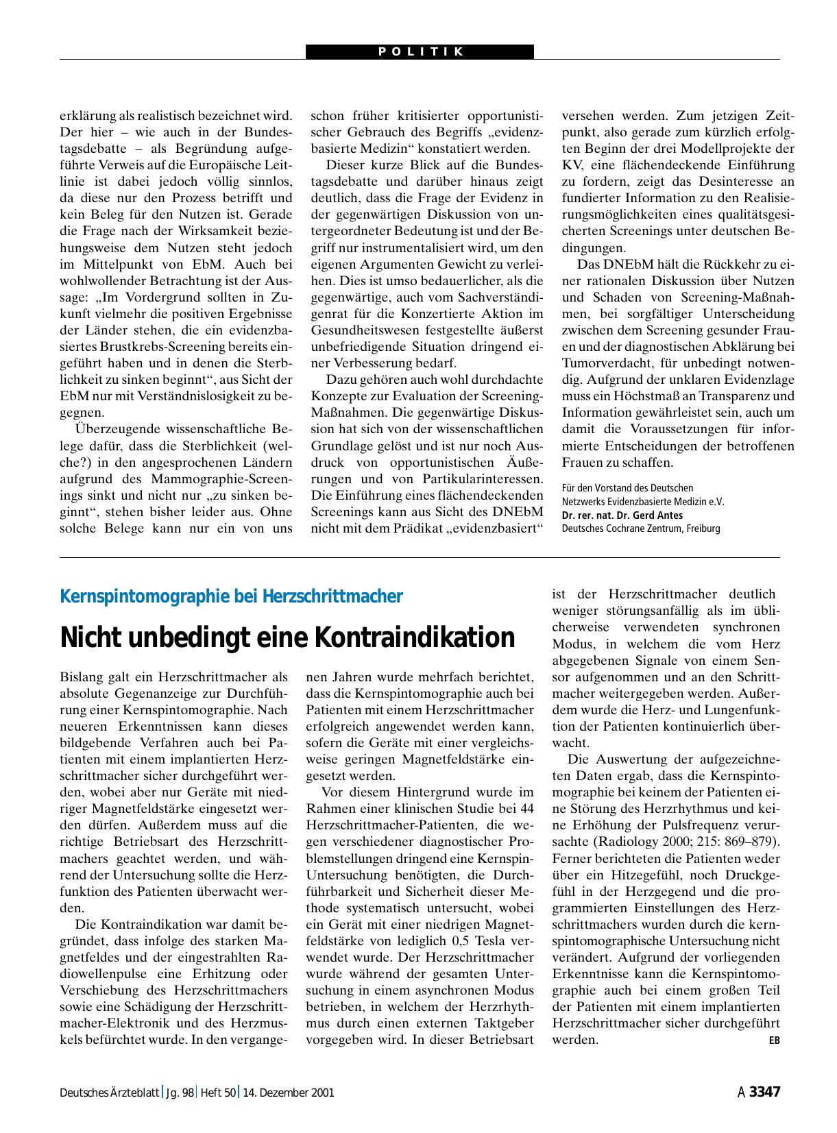 Vorschauseite 1: Kernspintomographie bei Herzschrittmacher: Nicht unbedingt eine Kontraindikation