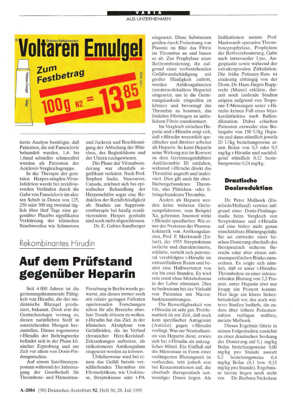 Vorschauseite 1: Rekompinantes Hirudin: Auf dem Prüfstand gegenüber Heparin