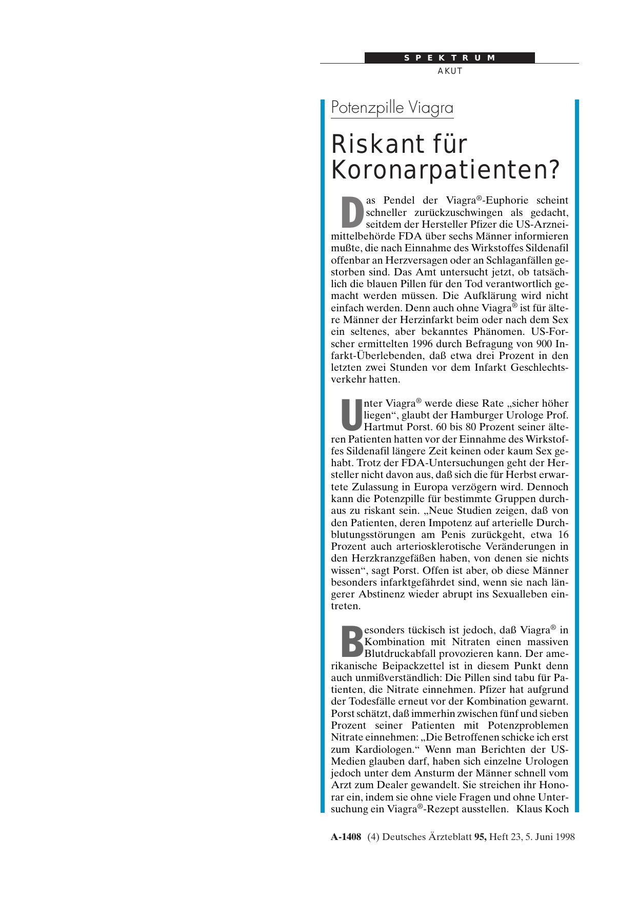 Vorschauseite 1: Potenzpille Viagra: Riskant für Koronarpatienten?