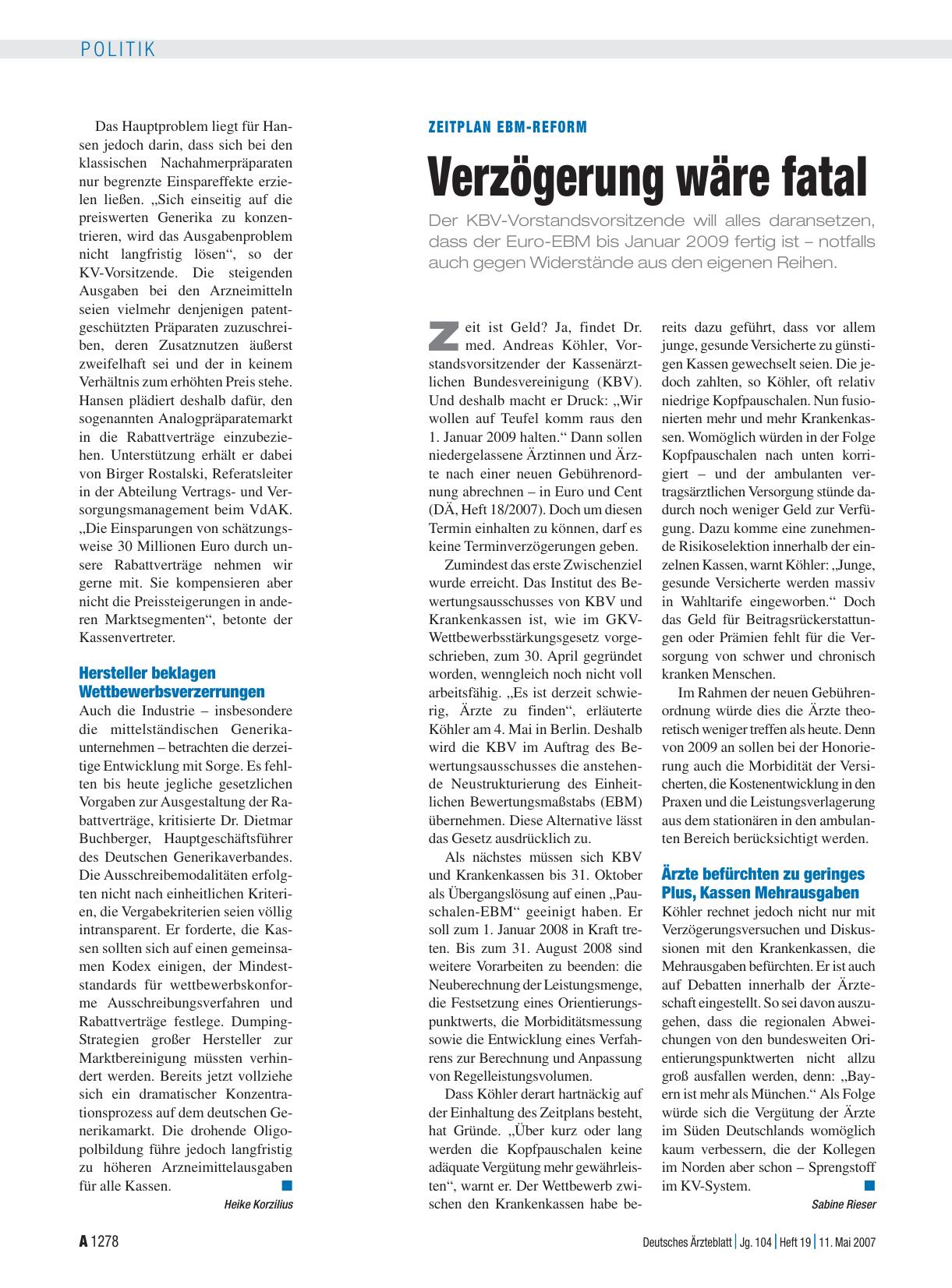 Vorschauseite 1: Zeitplan EBM-Reform: Verzögerung wäre fatal