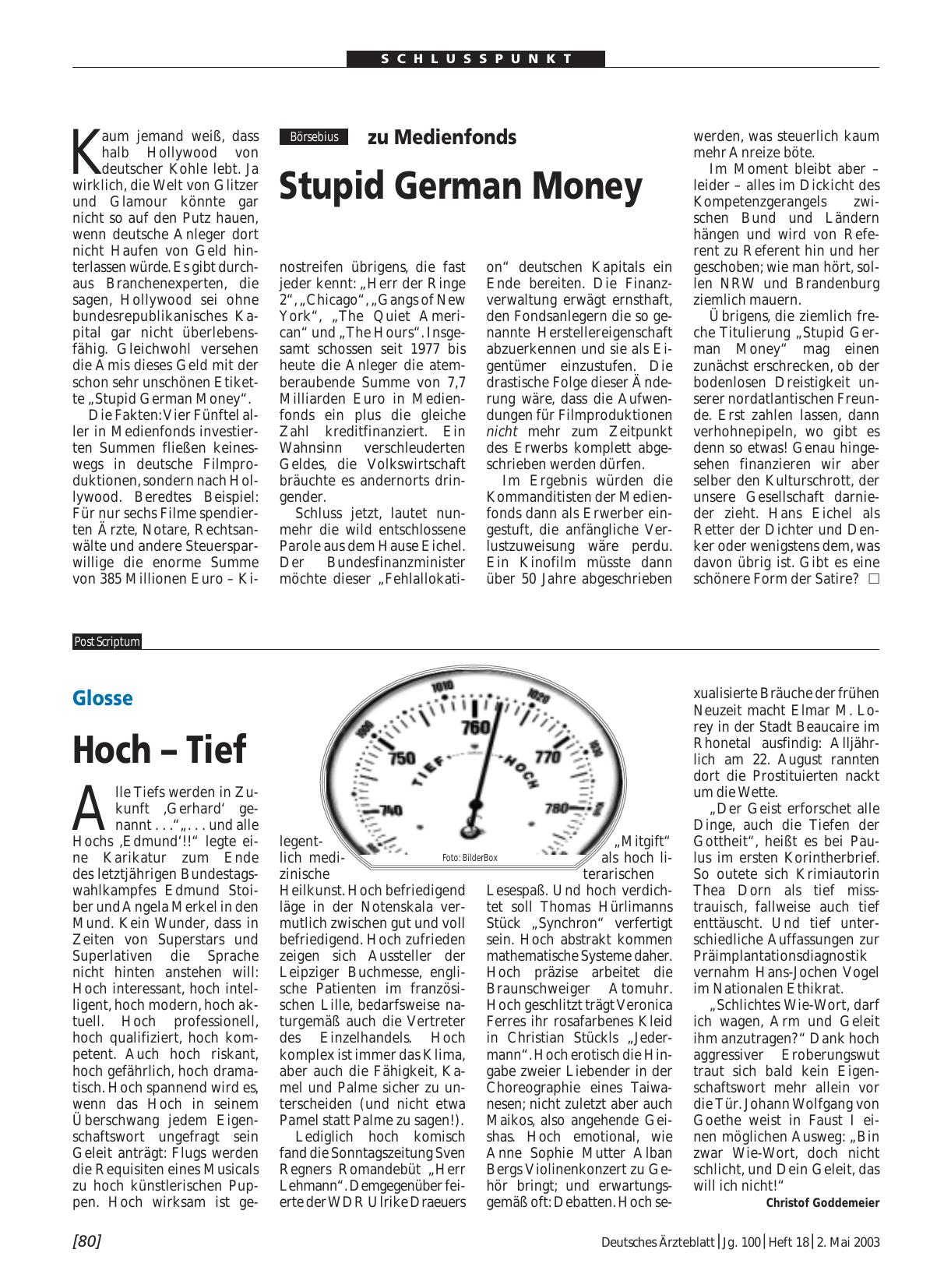 Vorschauseite 1: zu Medienfonds: Stupid German Money
