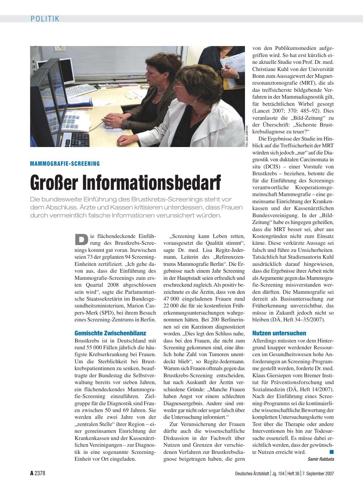 Vorschauseite 1: Mammografie-Screening: Großer Informationsbedarf