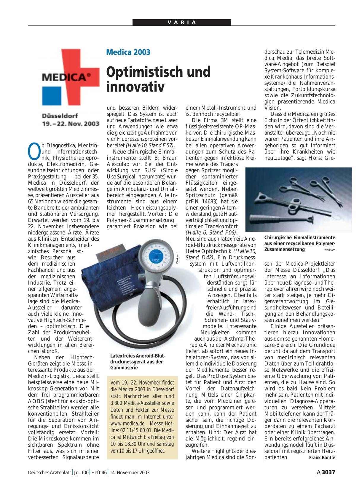 Vorschauseite 1: Medica 2003: Optimistisch und innovativ