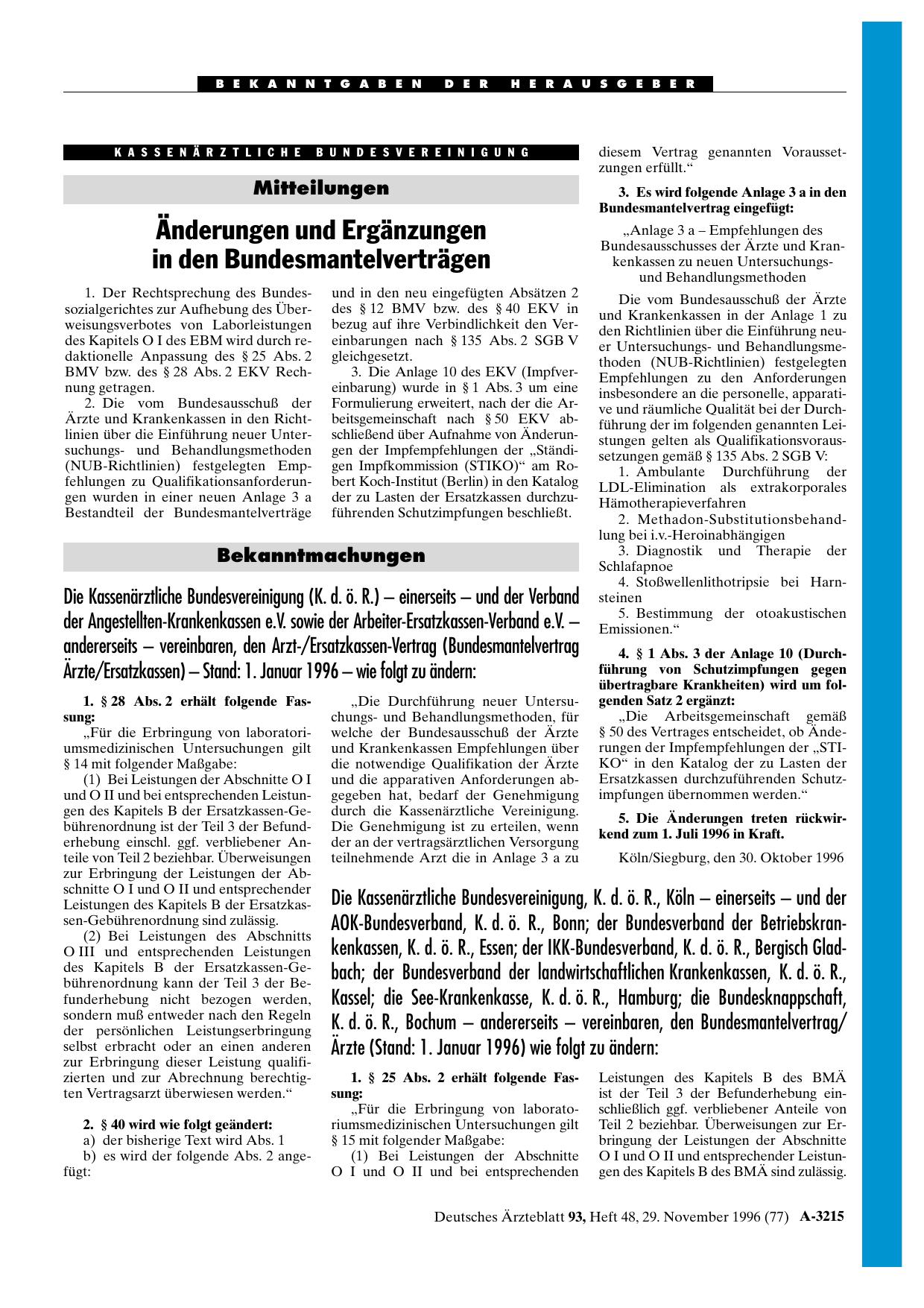 Vorschauseite 1: Bekanntmachungen: Die Kassenärztliche Bundesvereinigung (K. d. ö. R. ) - einerseits - und der Verband der Angestellten-Krankenkassen e. V. sowie der Arbeiter-Ersatzkassen-Verband…
