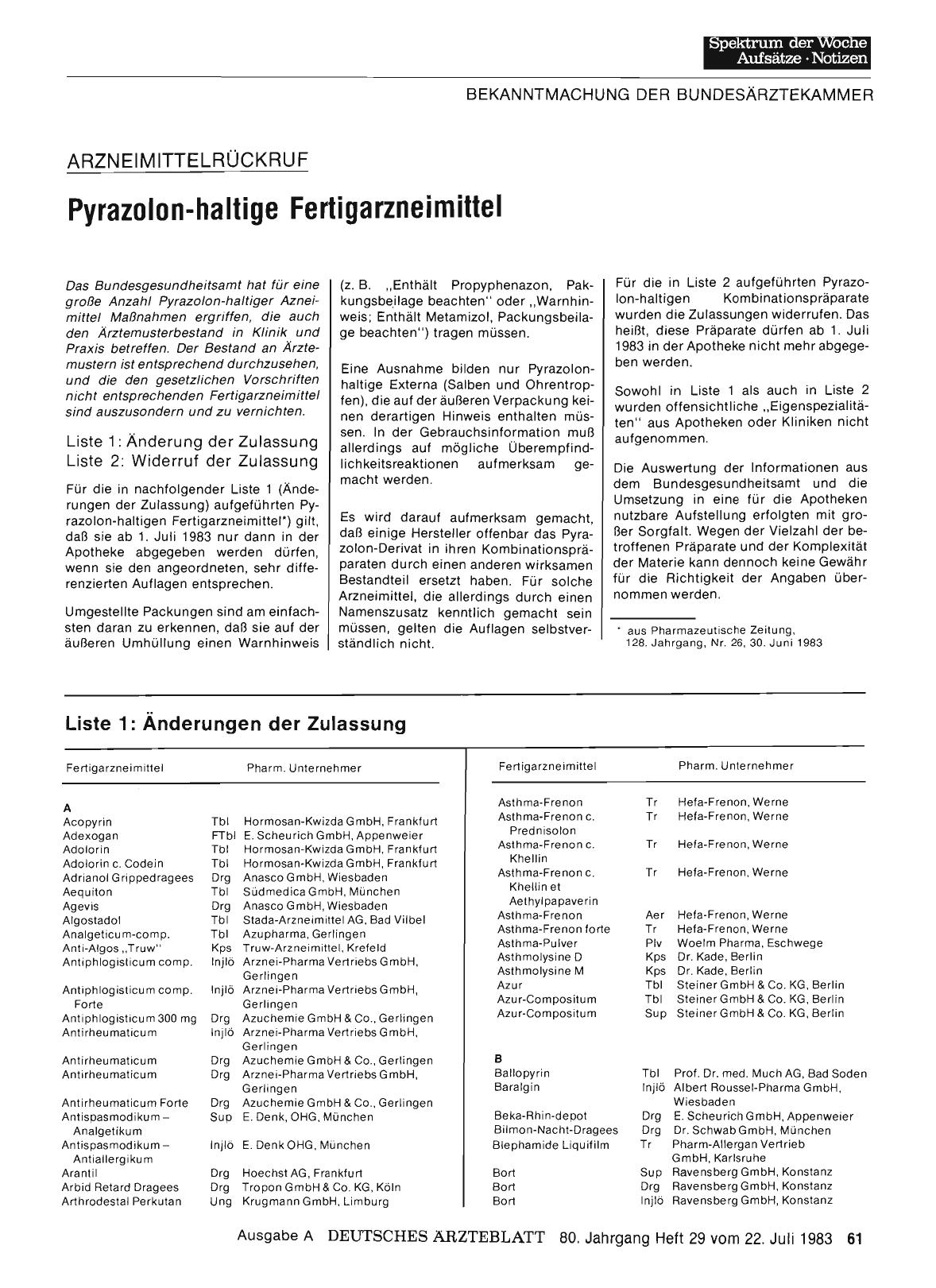 Vorschauseite 1: ARZNEIMITTELRÜCKRUF: Pyrazolon-haltige Fertigarzneimittel