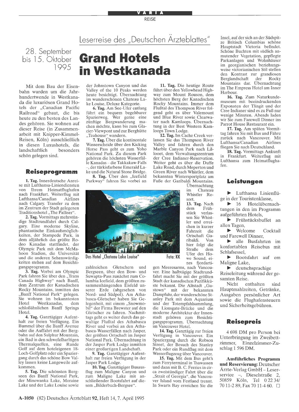 Vorschauseite 1: Leserreise des „Deutschen Ärzteblattes“: Grand Hotels in Westkanada