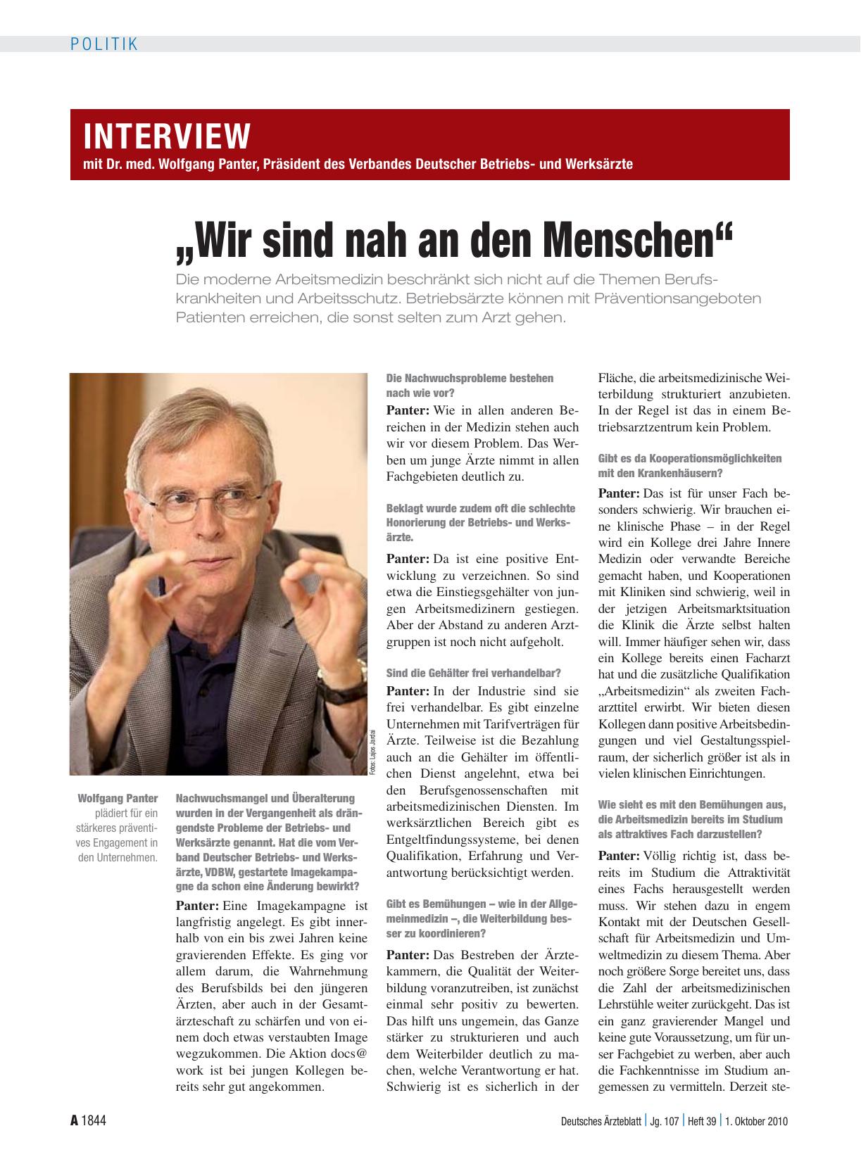 Vorschauseite 1: Interview mit Dr. med. Wolfgang Panter, Präsident des Verbandes Deutscher Betriebsund Werksärzte „Wir sind nah an den Menschen“