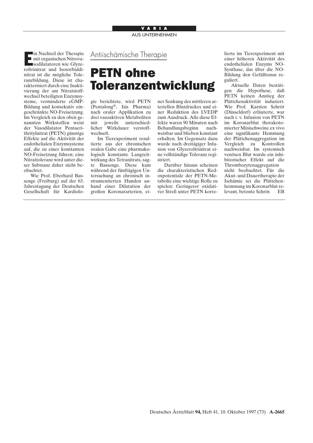 Vorschauseite 1: Antiischämische Therapie: PETN ohne Toleranzentwicklung