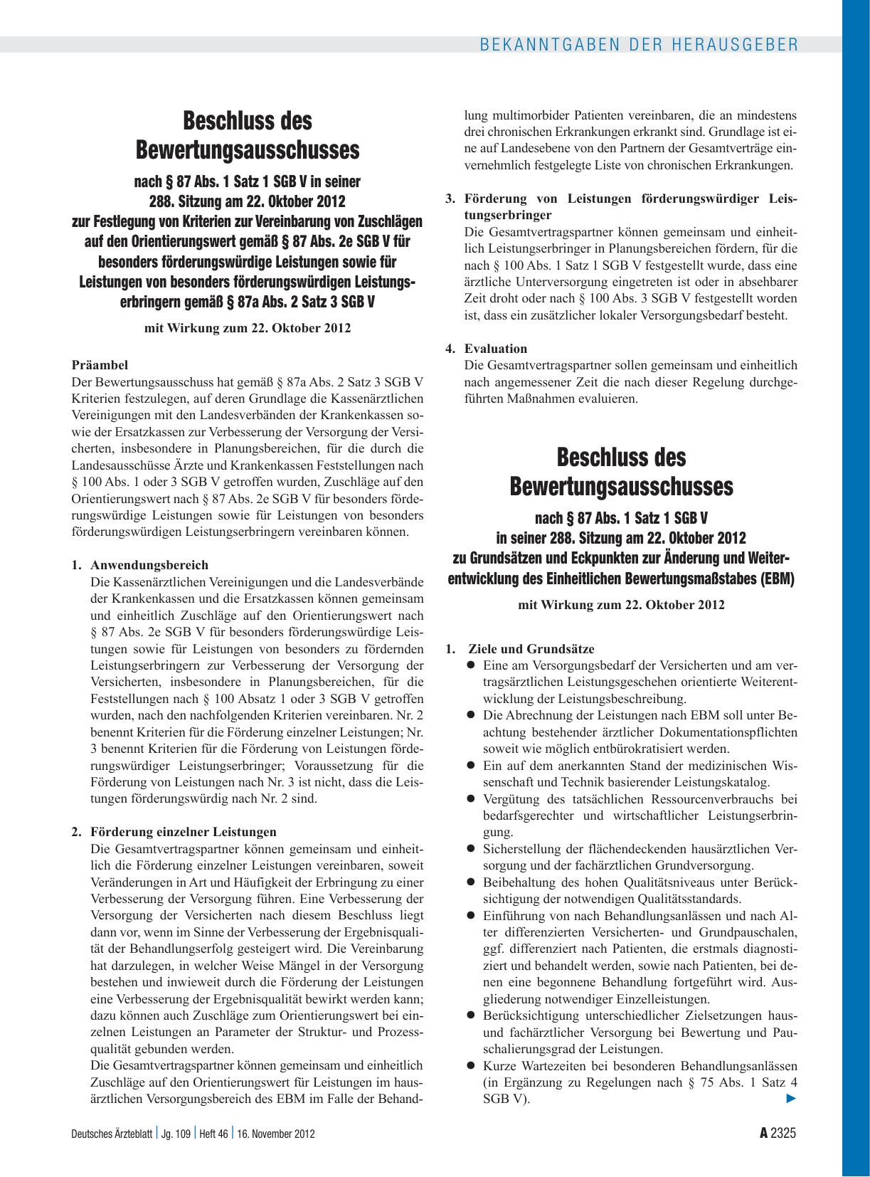 Vorschauseite 1: Beschluss des Bewertungsausschusses nach § 87 Abs. 1 Satz 1 SGB V in seiner 288. Sitzung am 22. Oktober 2012 zur Festlegung von Kriterien zur Vereinbarung von Zuschlägen auf den O…