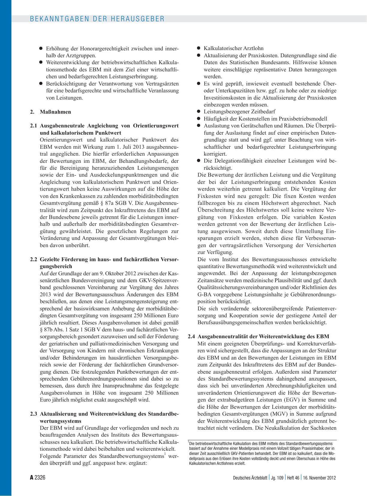 Vorschauseite 2: Beschluss des Bewertungsausschusses nach § 87 Abs. 1 Satz 1 SGB V in seiner 288. Sitzung am 22. Oktober 2012 zur Festlegung von Kriterien zur Vereinbarung von Zuschlägen auf den O…