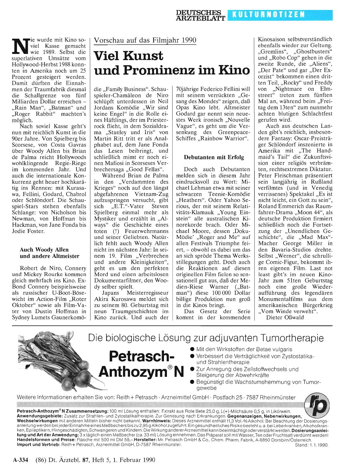 Vorschauseite 1: Vorschau auf das Filmjahr 1990: Viel Kunst und Prominenz im Kino