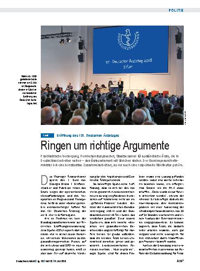 Vorschauseite 1: Eröffnung des 121. Deutschen Ärztetages: Ringen um richtige Argumente