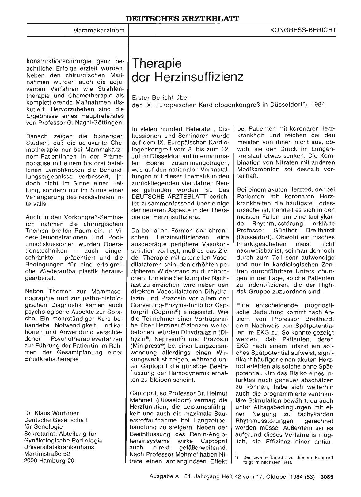 Vorschauseite 1: Therapie der Herzinsuffizienz: Erster Bericht über den IX. Europäischen Kardiologenkongreß in Düsseldorf*), 1984