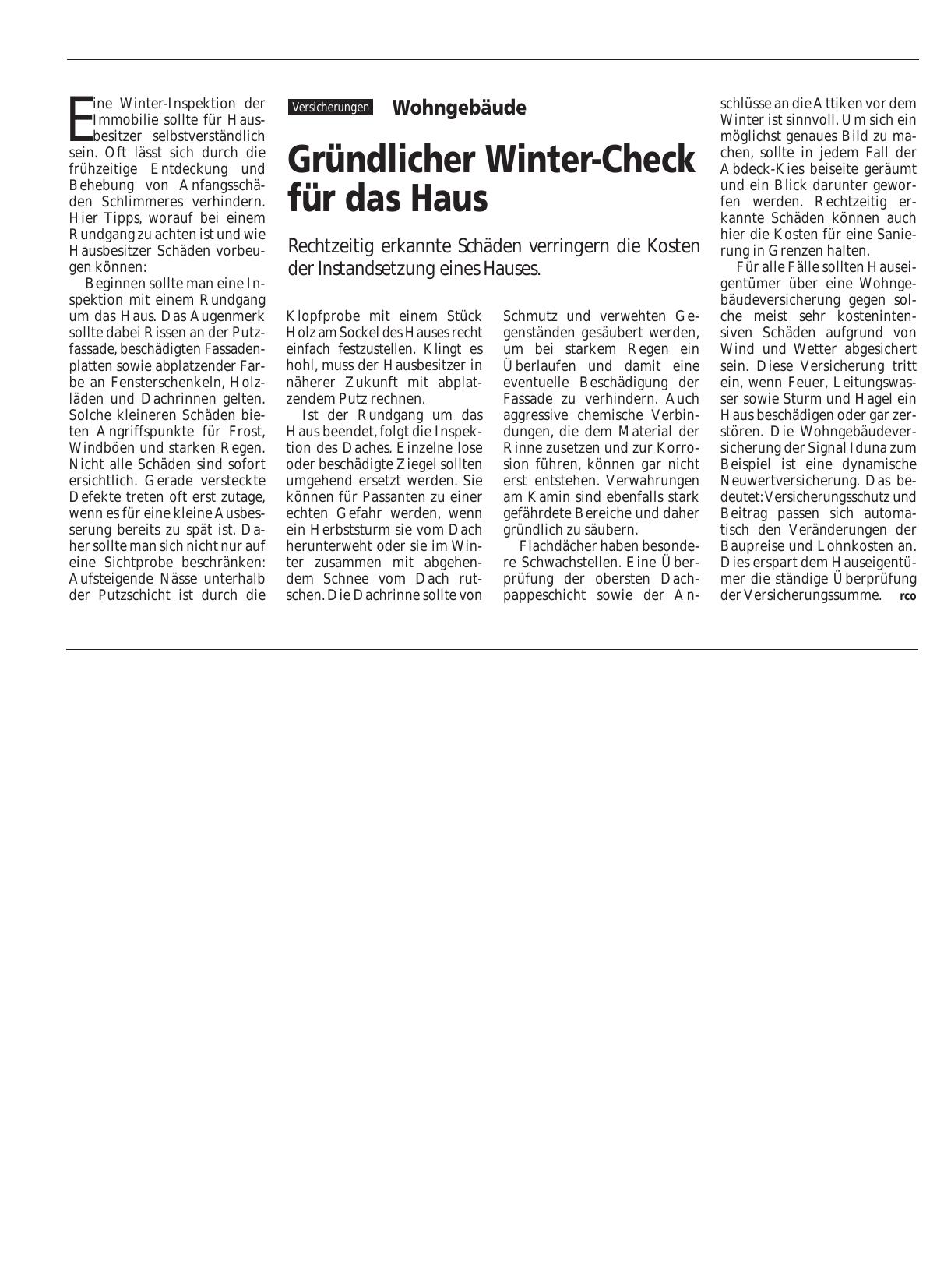 Vorschauseite 1: Wohngebäude: Gründlicher Winter-Check für das Haus