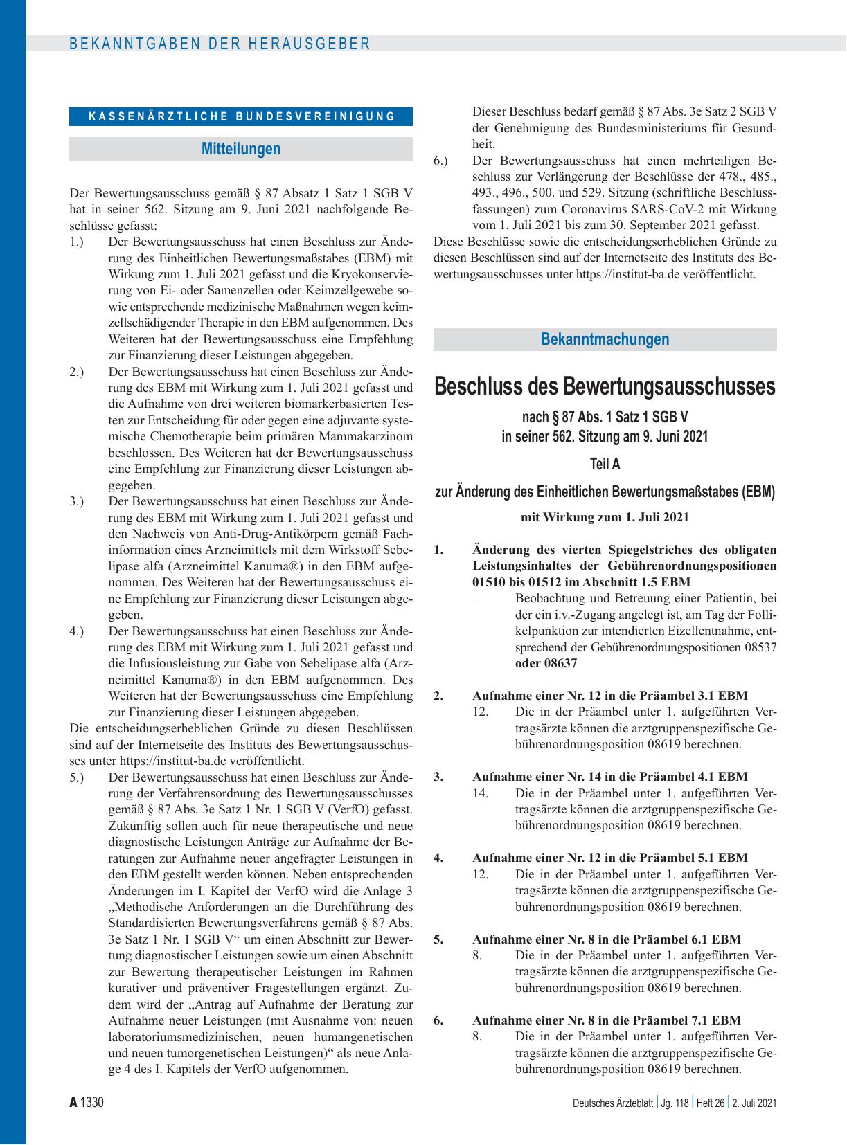 Vorschauseite 1: Beschluss des Bewertungsausschusses nach § 87 Abs. 1 Satz 1 SGB V in seiner 562. Sitzung am 9. Juni 2021