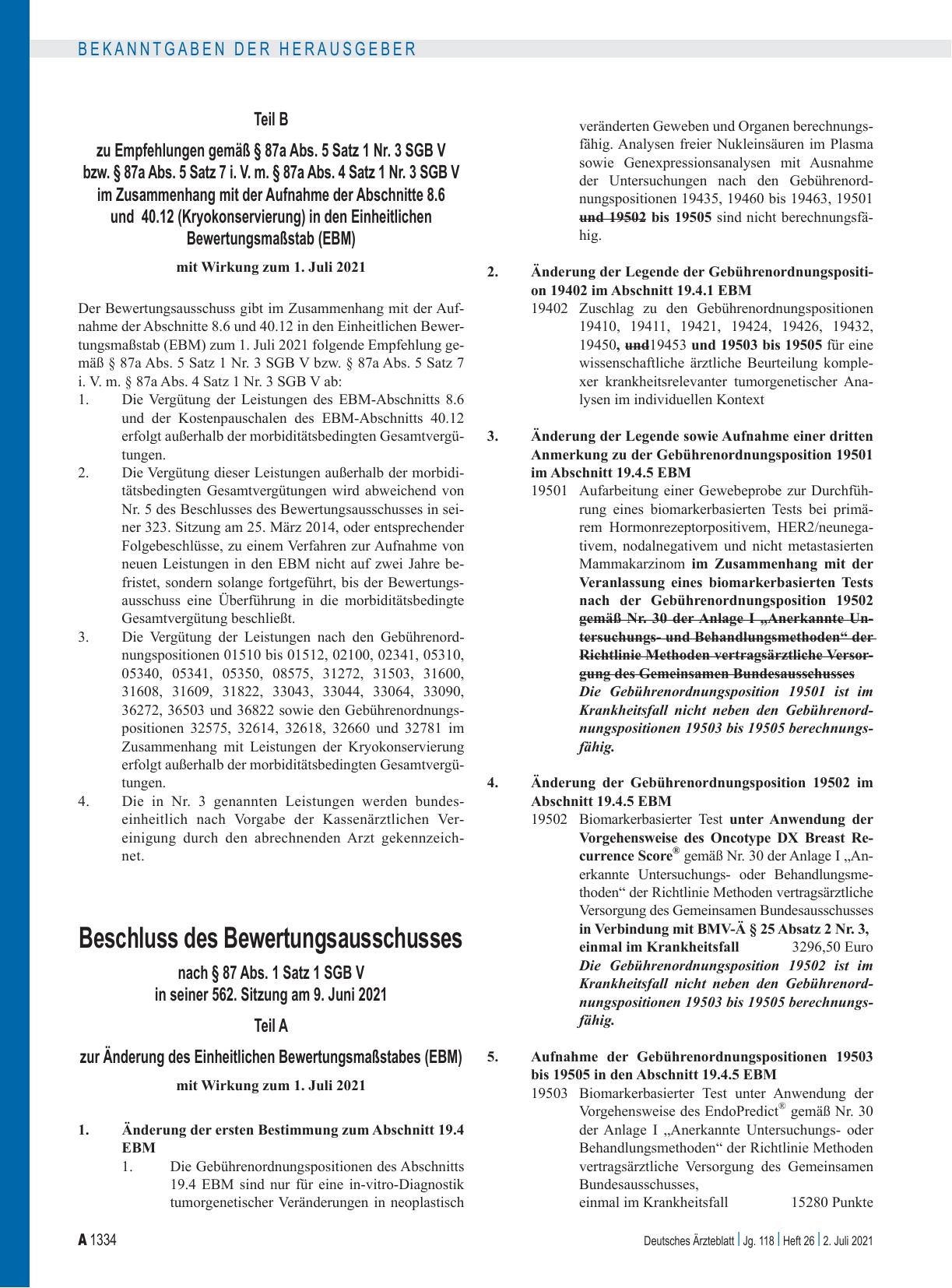Vorschauseite 5: Beschluss des Bewertungsausschusses nach § 87 Abs. 1 Satz 1 SGB V in seiner 562. Sitzung am 9. Juni 2021