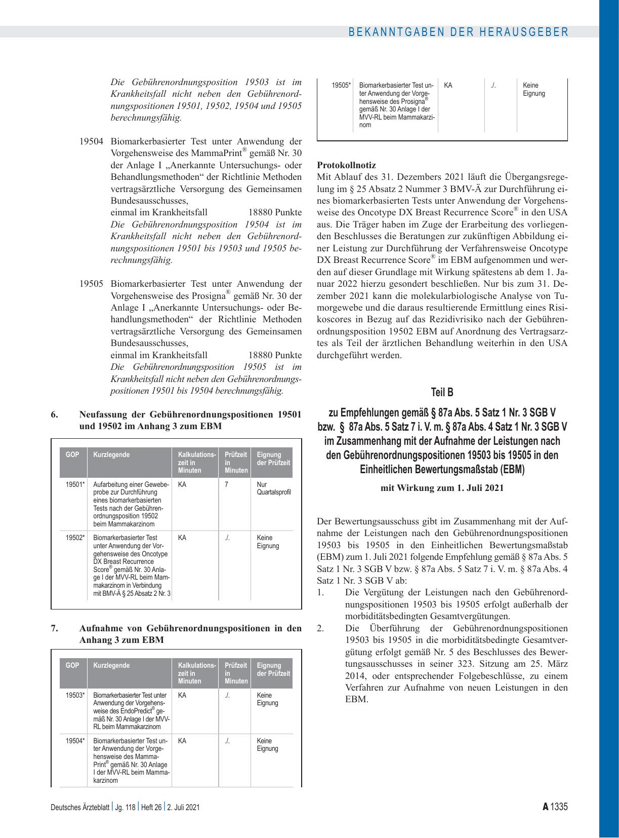 Vorschauseite 6: Beschluss des Bewertungsausschusses nach § 87 Abs. 1 Satz 1 SGB V in seiner 562. Sitzung am 9. Juni 2021