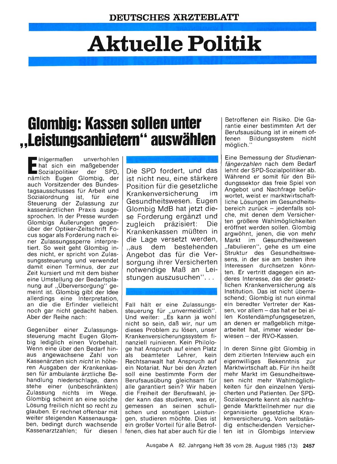 Vorschauseite 1: Glombig: Kassen sollen unter, ,Leistungsanbletern“ auswählen