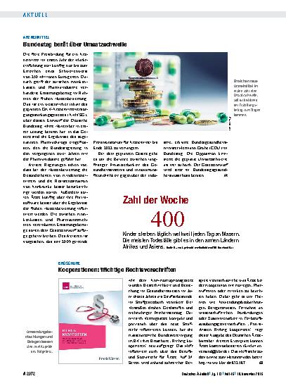 Vorschauseite 1: Arzneimittel: Bundestag berät über Umsatzschwelle