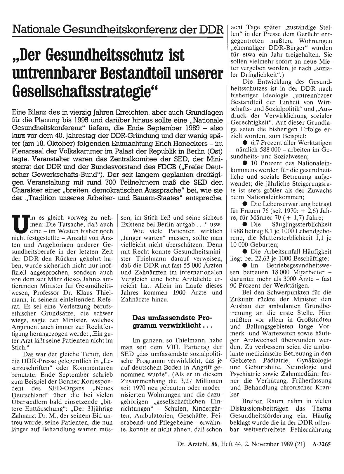 Vorschauseite 1: Nationale Gesundheitskonferenz der DDR: „Der Gesundheitsschutz ist untrennbarer Bestandteil unserer Gesellschaftsstrategie“