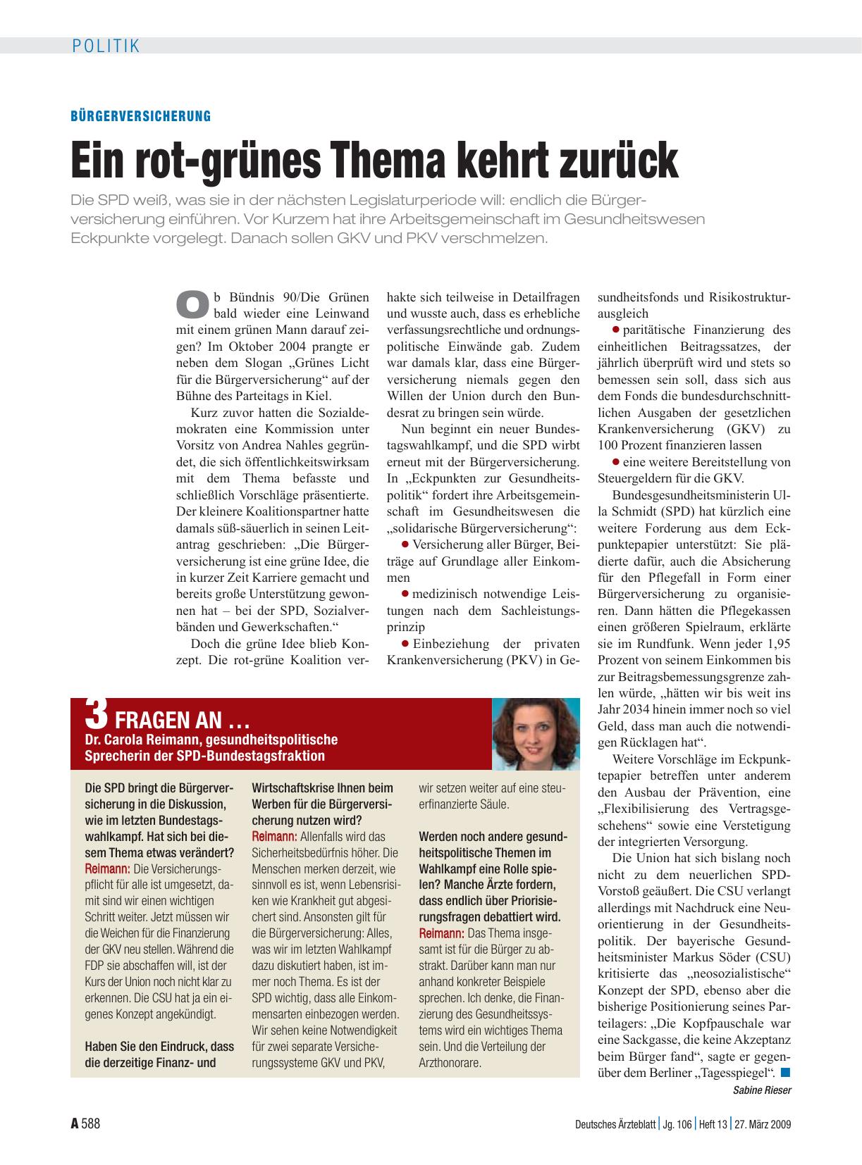 Vorschauseite 1: Bürgerversicherung: Ein rot-grünes Thema kehrt zurück