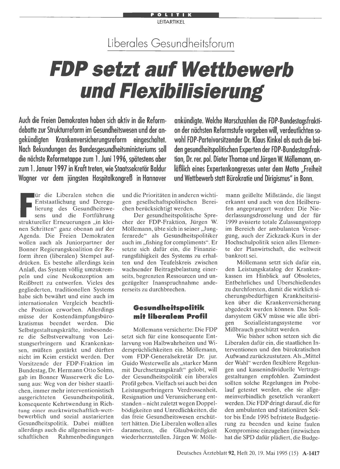 Vorschauseite 1: Liberales Gesundheitsforum: FDP setzt auf Wettbewerb und Flexibilisierung
