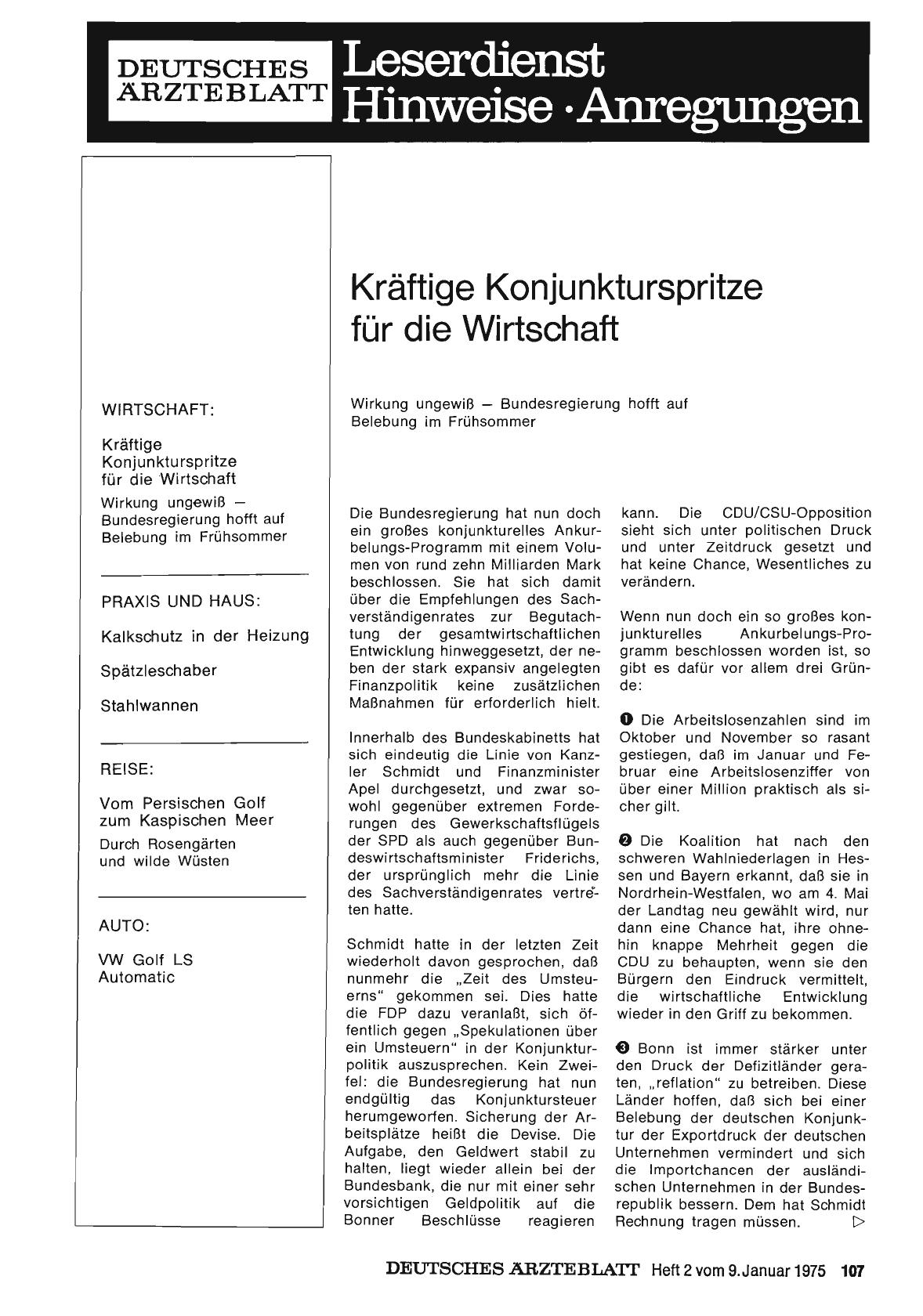 Vorschauseite 1: Kräftige Konjunkturspritze für die Wirtschaft: Wirkung ungewiß — Bundesregierung hofft auf Belebung im Frühsommer