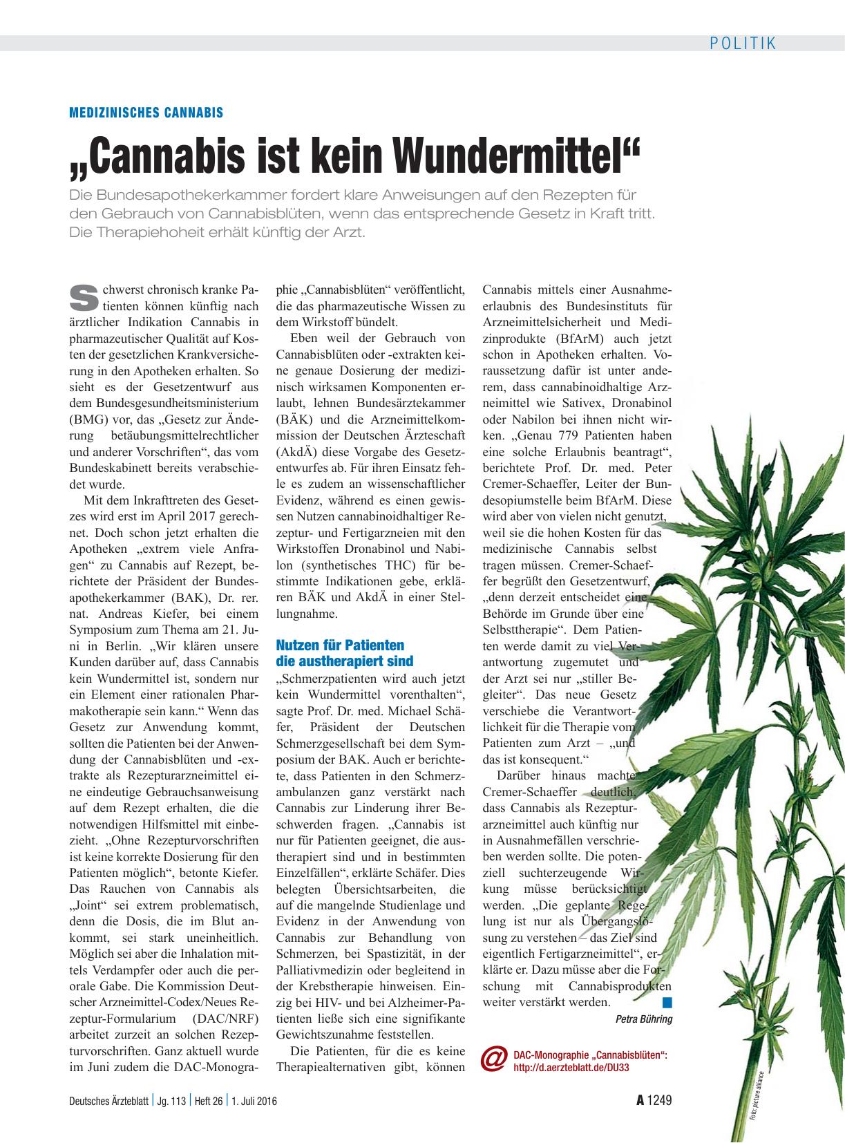 Vorschauseite 1: Medizinisches Cannabis: „Cannabis ist kein Wundermittel“