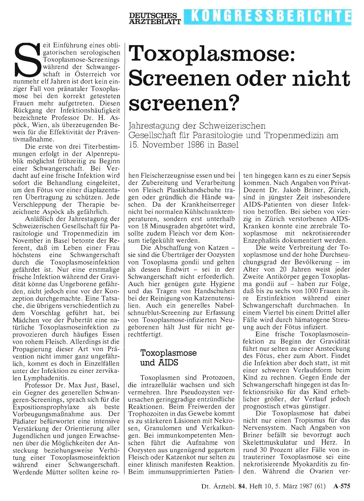 Vorschauseite 1: Toxoplasmose: Screenen oder nicht screenen?