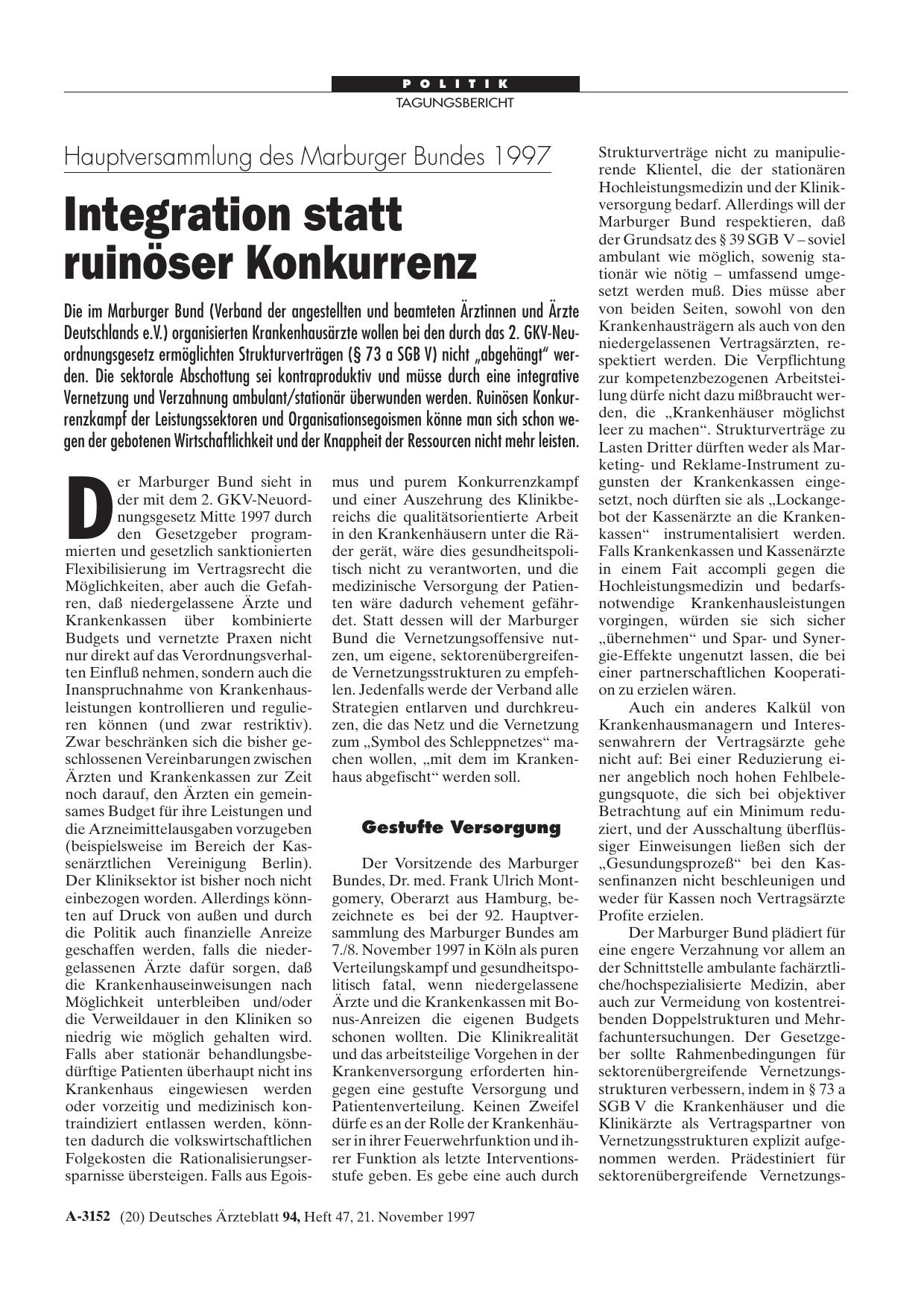 Vorschauseite 1: Hauptversammlung des Marburger Bundes 1997: Integration statt ruinöser Konkurrenz