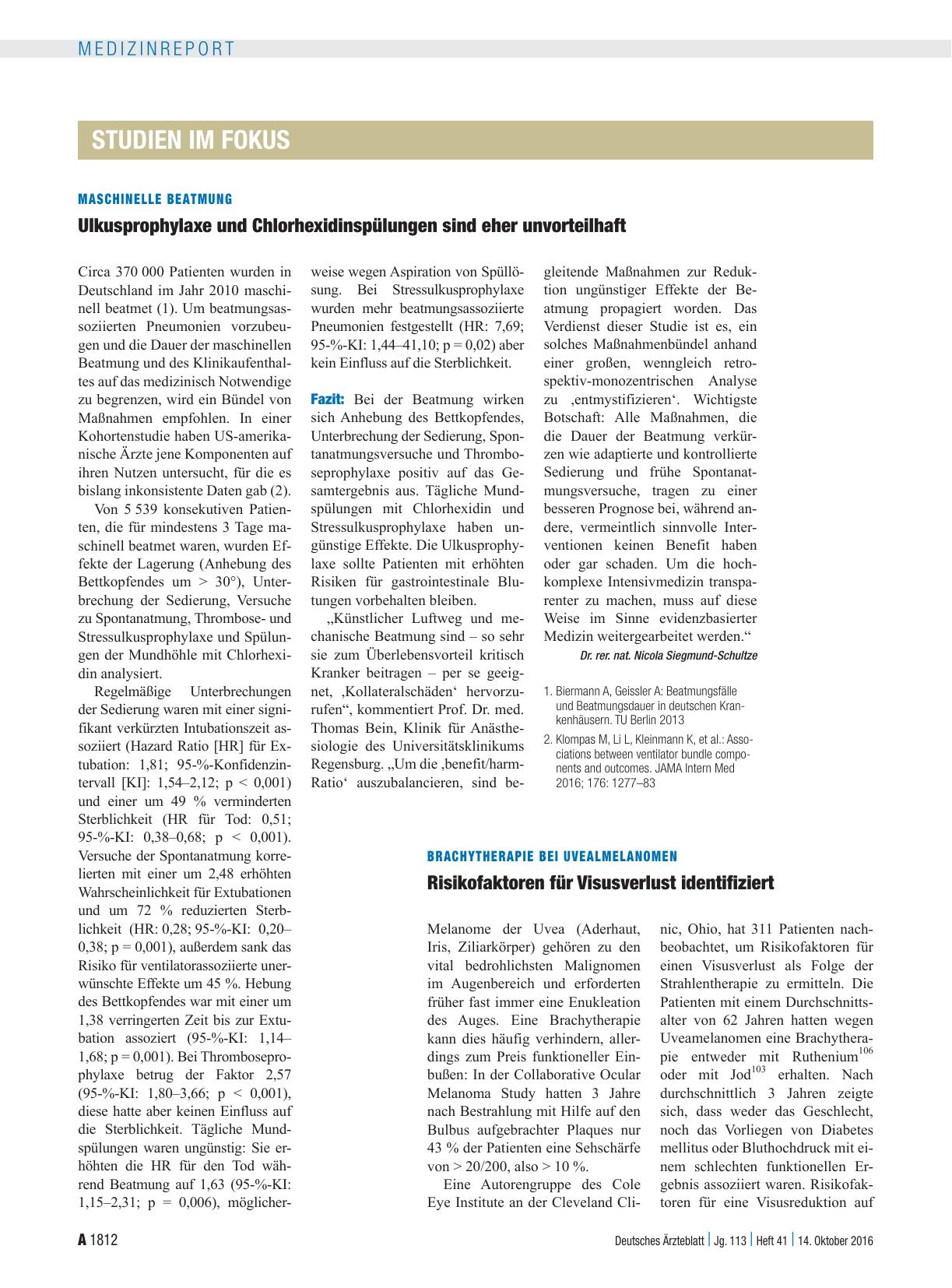 Vorschauseite 1: Maschinelle Beatmung: Ulkusprophylaxe und Chlorhexidinspülungen sind eher unvorteilhaft