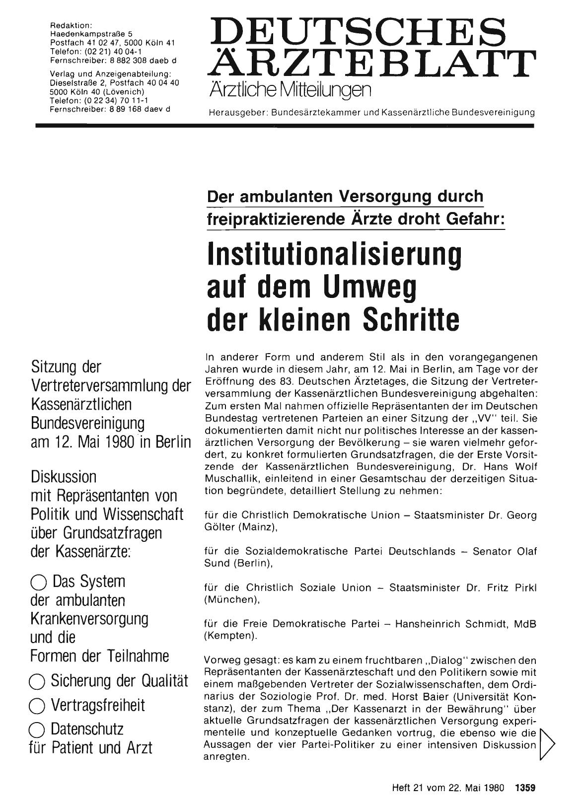 Vorschauseite 1: Der ambulanten Versorgung durch freipraktizierende Ärzte droht Gefahr: Institutionalisierung auf dem Umweg der kleinen Schritte