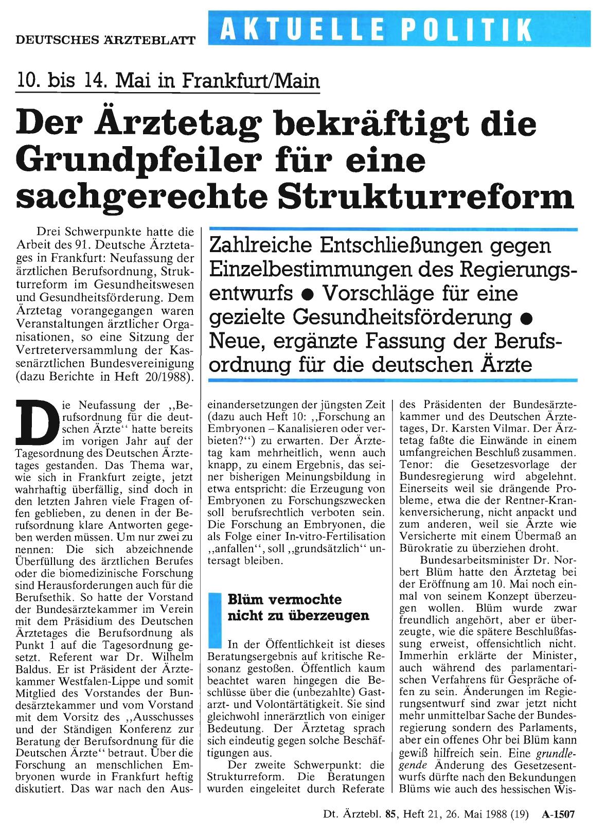 Vorschauseite 1: Der Ärztetag bekräftigt die Grundpfeiler für eine sachgerechte Strukturreform