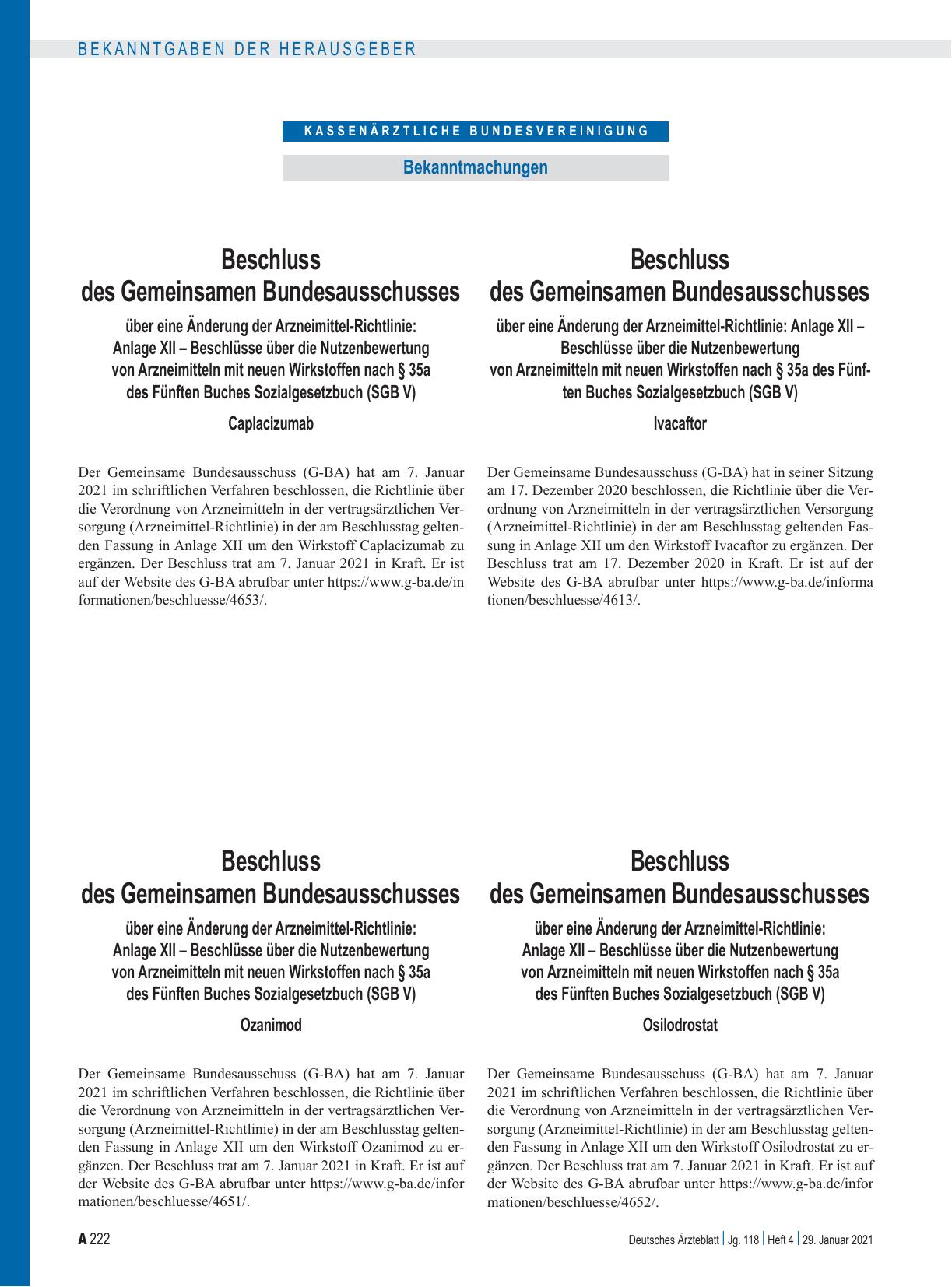 Vorschauseite 1: Beschluss des Gemeinsamen Bundesausschusses über eine Änderung der Arzneimittel-Richtlinie: Anlage XII – Ivacaftor