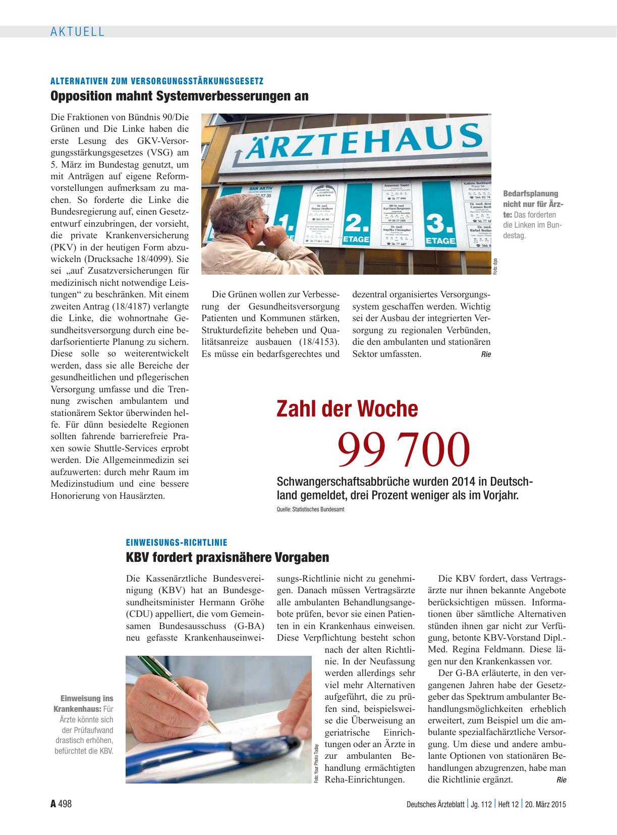 Vorschauseite 1: Alternativen zum Versorgungsstärkungsgesetz: Opposition mahnt Systemverbesserungen an