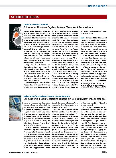 Vorschauseite 1: Sedierung von Sepsispatienten während invasiver Beatmung: Dexmedetomidin und Propofol sind in Bezug auf Delir und Koma vergleichbar sicher