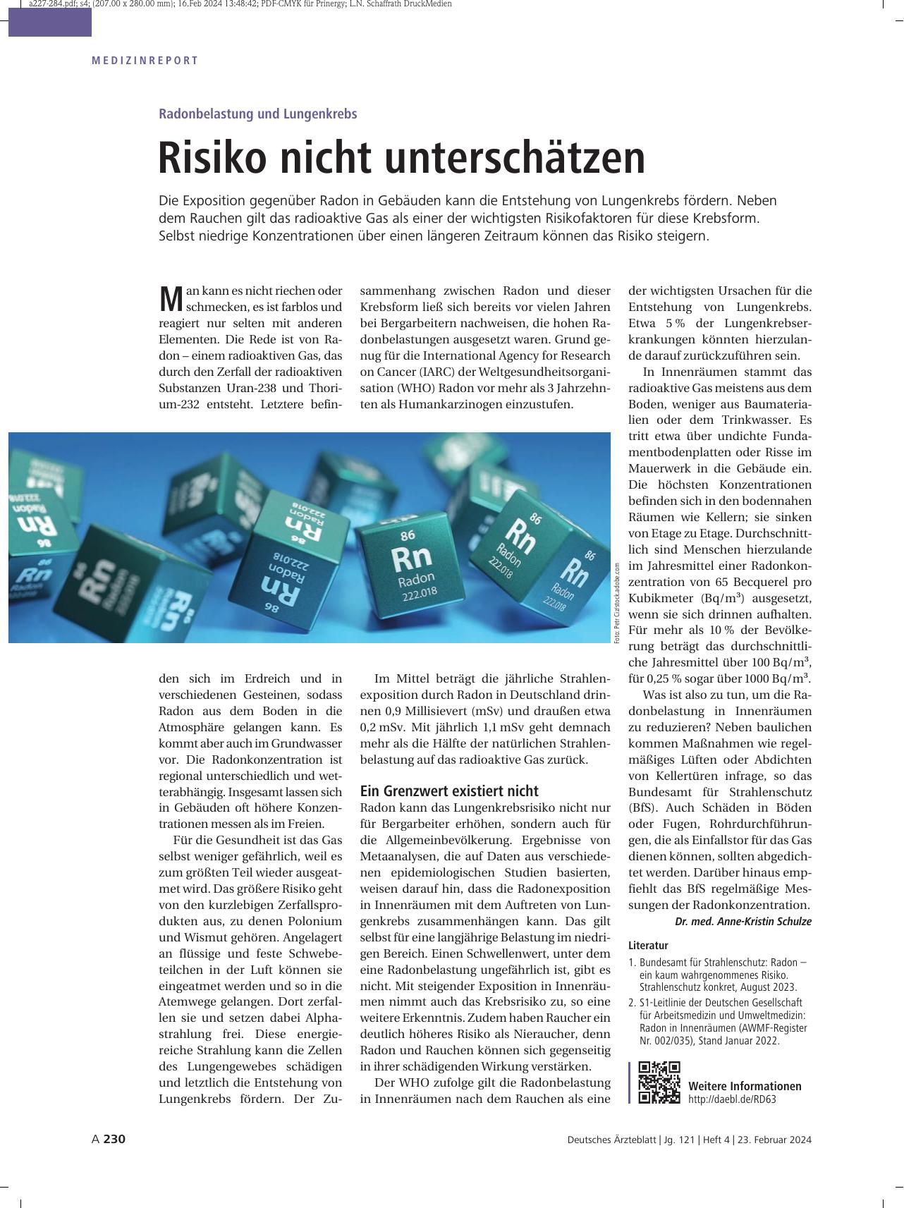 Vorschauseite 1: Radonbelastung und Lungenkrebs: Risiko nicht unterschätzen