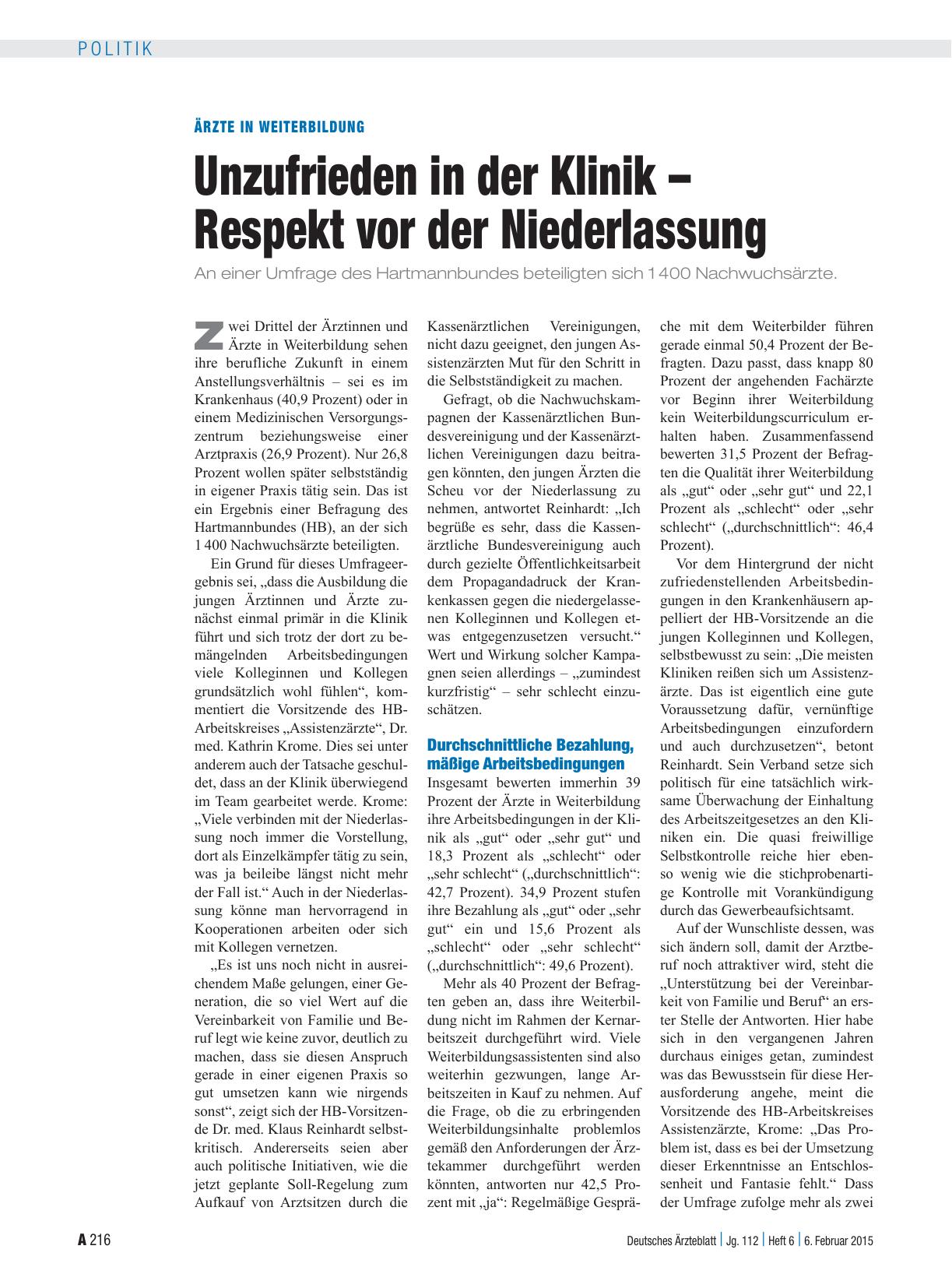 Vorschauseite 1: Ärzte in Weiterbildung: Unzufrieden in der Klinik – Respekt vor der Niederlassung