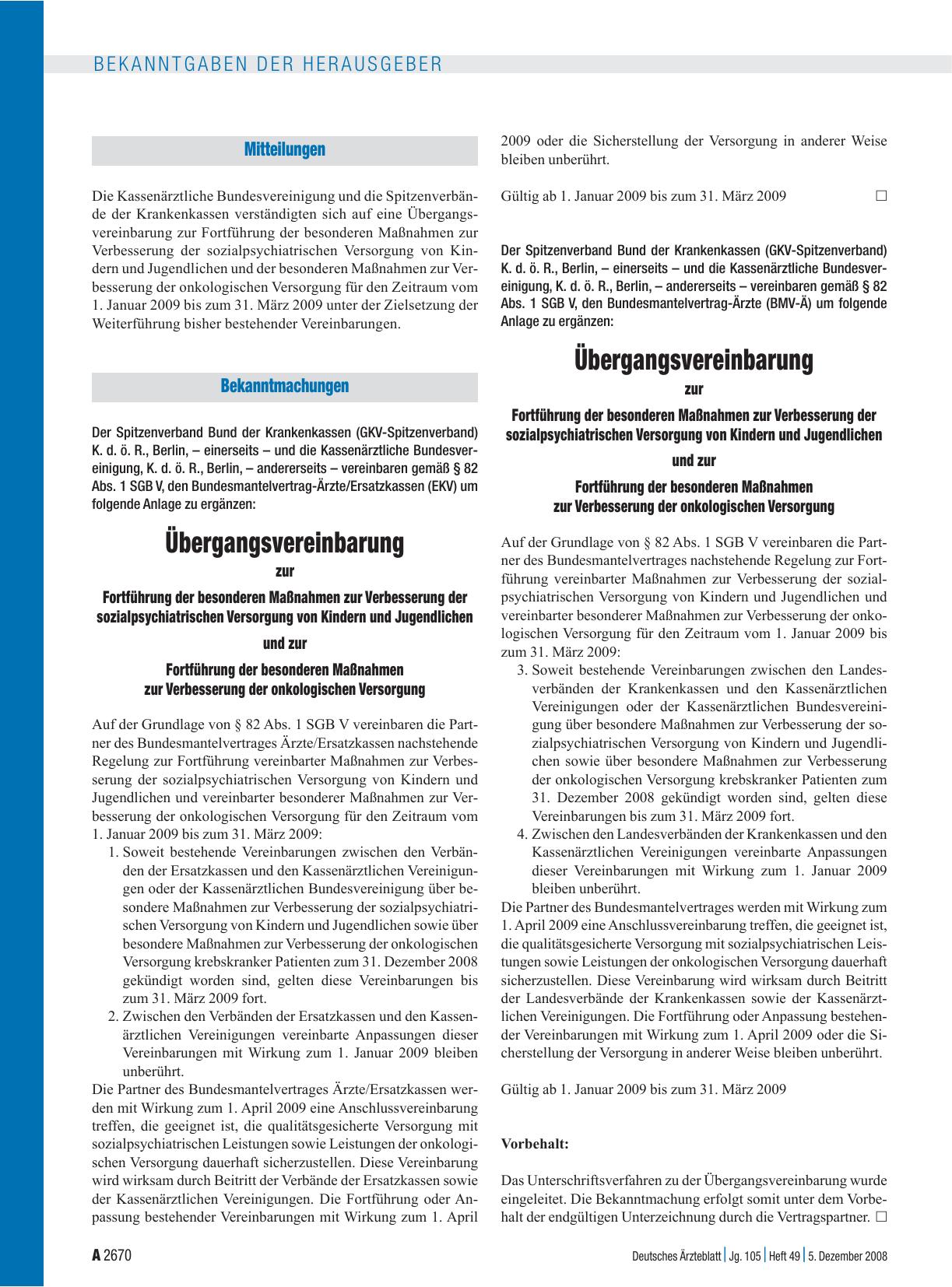 Vorschauseite 1: Übergangsvereinbarung zur Fortführung der besonderen Maßnahmen zur Verbesserung der sozialpsychiatrischen Versorgung von Kindern und Jugendlichen und zur Fortführung der besondere…