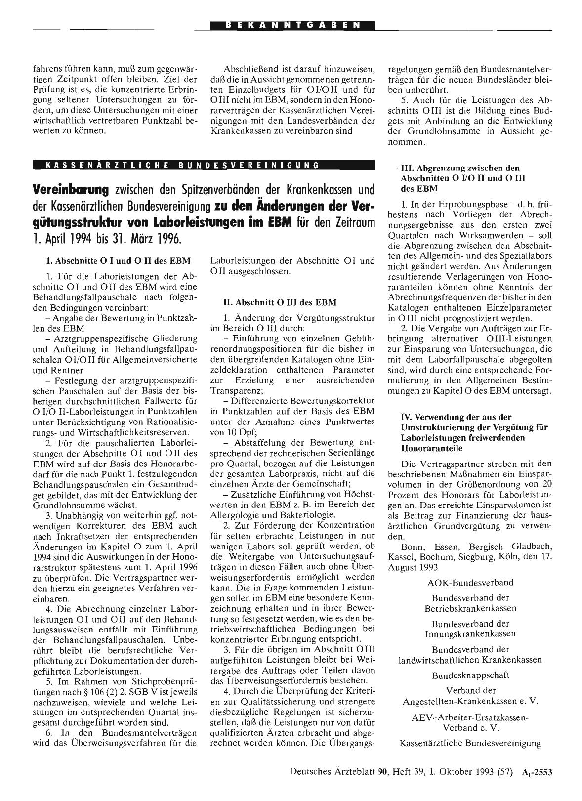 Vorschauseite 1: Vereinbarung zwischen den Spitzenverbänden der Krankenkassen und der Kassenärztlichen Bundesvereinigung zu den Änderungen der Vergütungsstruktur von Laborleistungen im EBM für den…