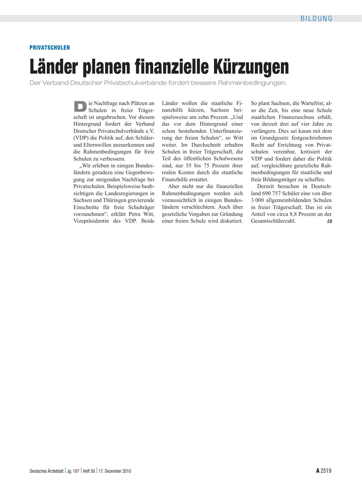 Vorschauseite 1: Privatschulen: Länder planen finanzielle Kürzungen