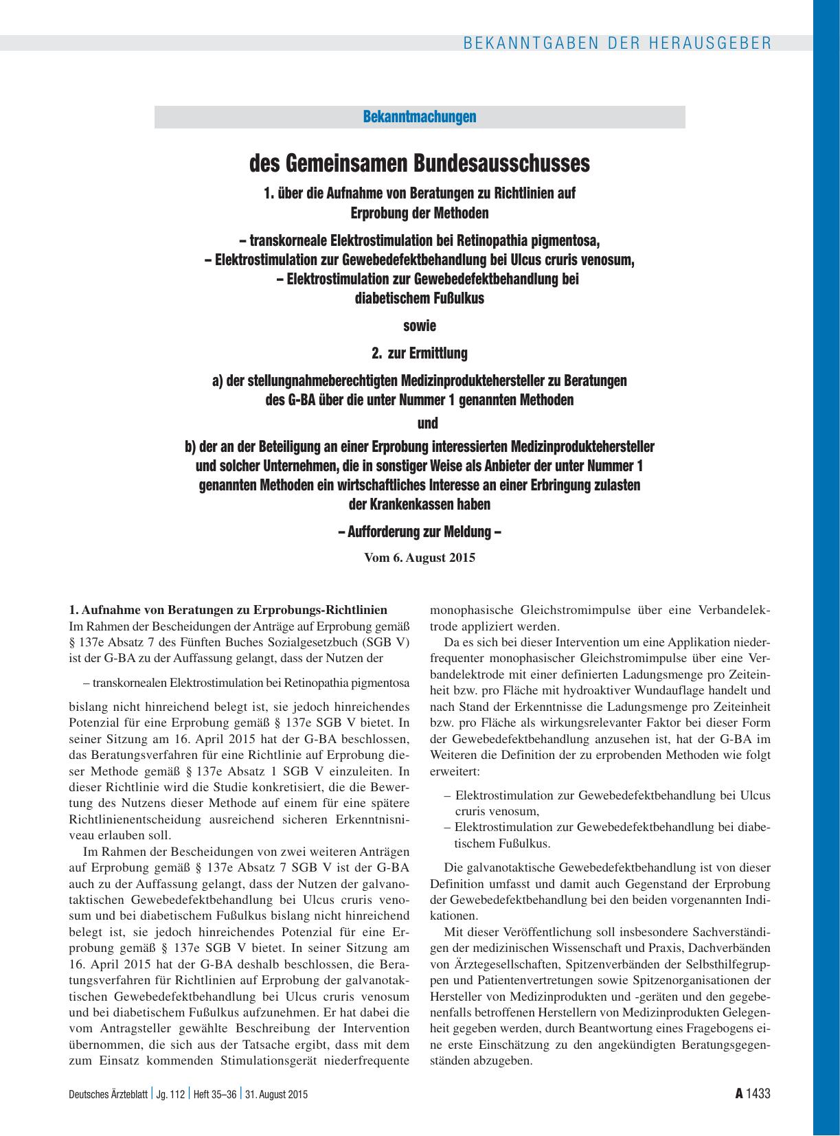 Vorschauseite 1: Bekanntmachungen des Gemeinsamen Bundesausschusses