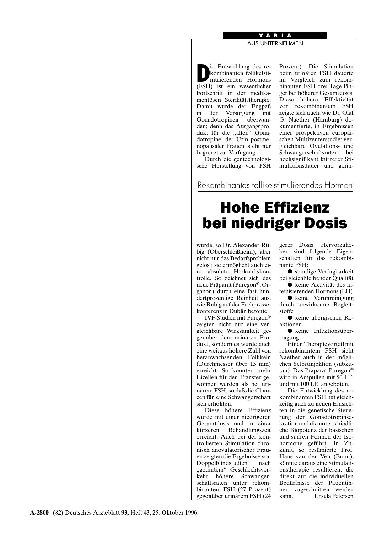 Vorschauseite 1: Rekombinantes follikelstimulierendes Hormon: Hohe Effizienz bei niedriger Dosis