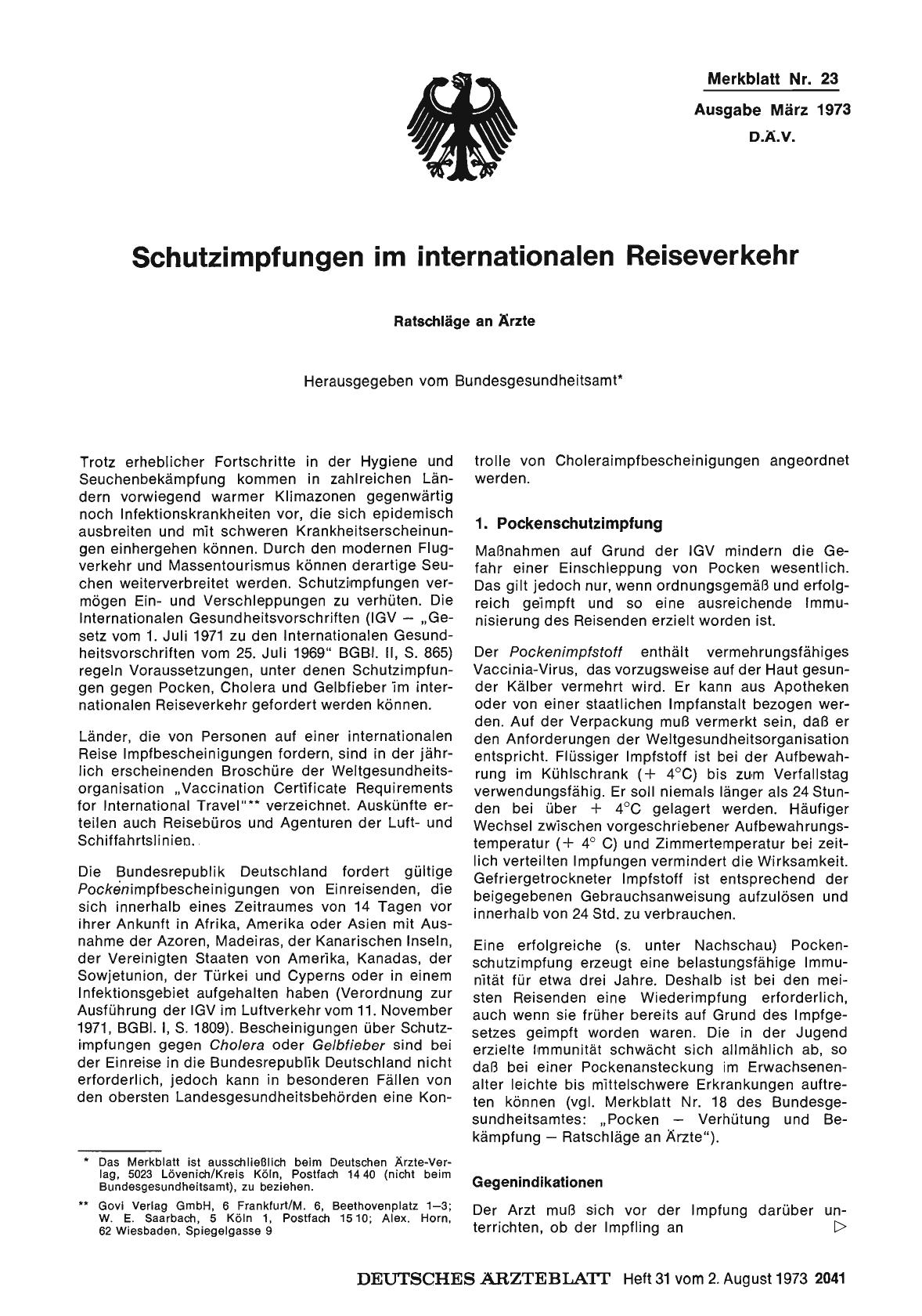 Vorschauseite 1: Schutzimpfungen im internationalen Reiseverkehr (Merkblatt Nr. 23 Ausgabe März 1973)