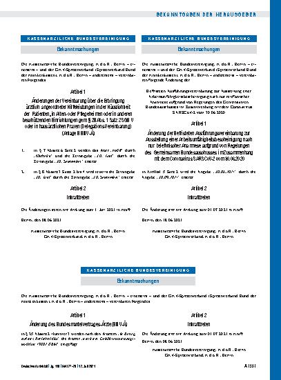 Vorschauseite 1: Änderung der Befristeten Ausführungsvereinbarung zur Ausstellung einer Arbeitsunfähigkeitsbescheinigung nach nur telefonischer Anamnese aufgrund von Regelungen des Gemeinsamen Bun…
